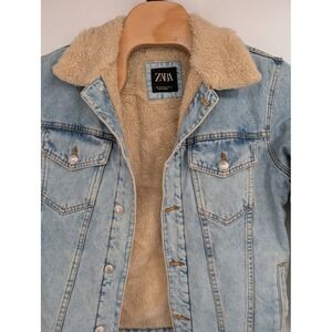 Zara Men's Fleece-lined sherpa denim‎ jacket faded blue wash sz S
